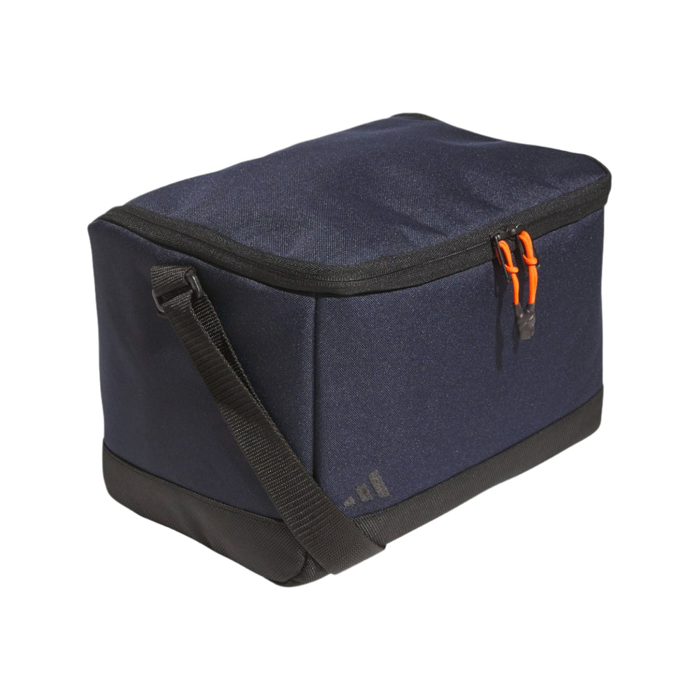 Navy blue insulated cooler bag with orange zipper accents and black handle.