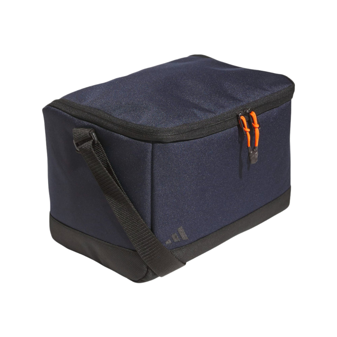 Navy blue insulated cooler bag with orange zipper accents and black handle.