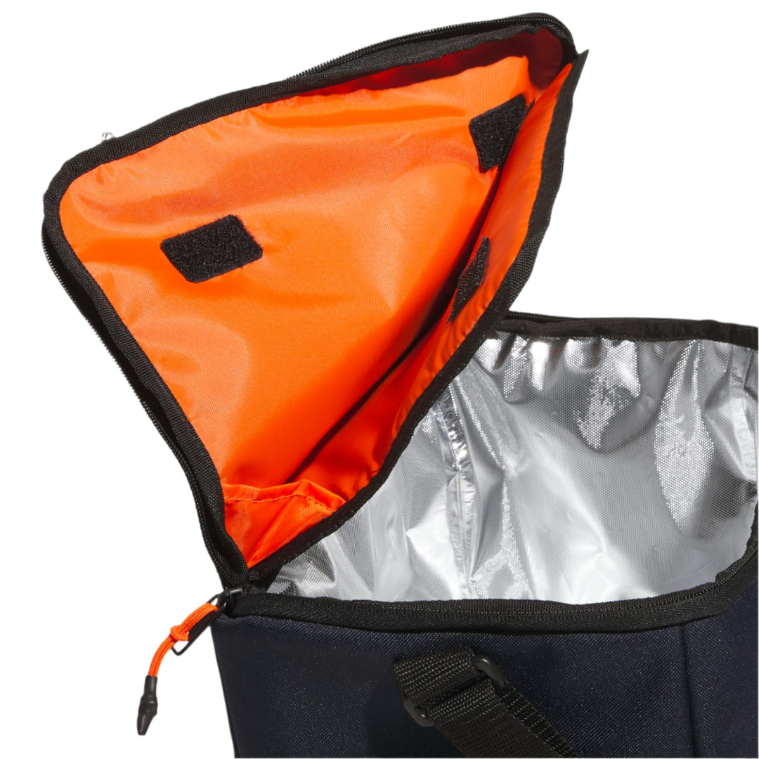 Black and orange insulated cooler bag with silver lining, durable fabric design.