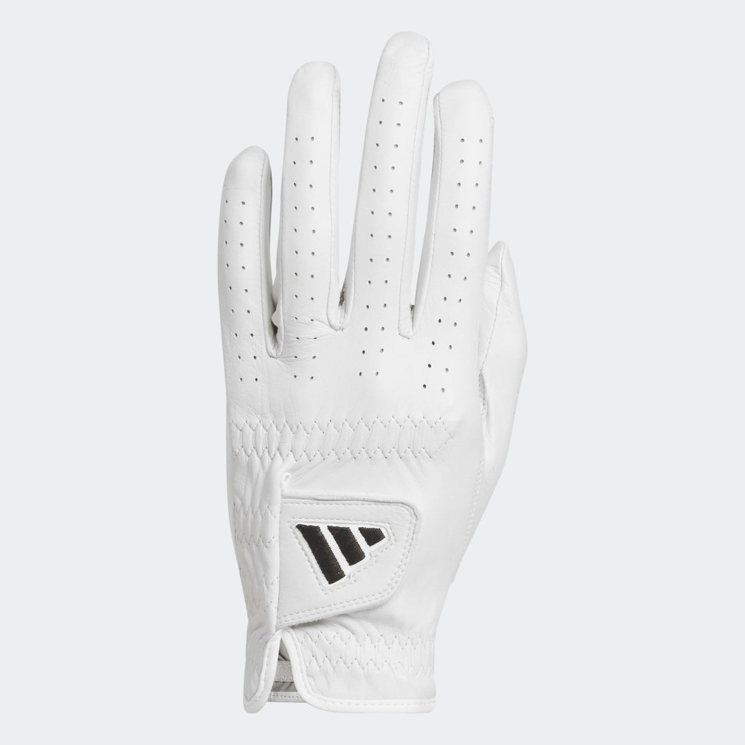 White adidas golf glove with perforated fingers and logo on palm.