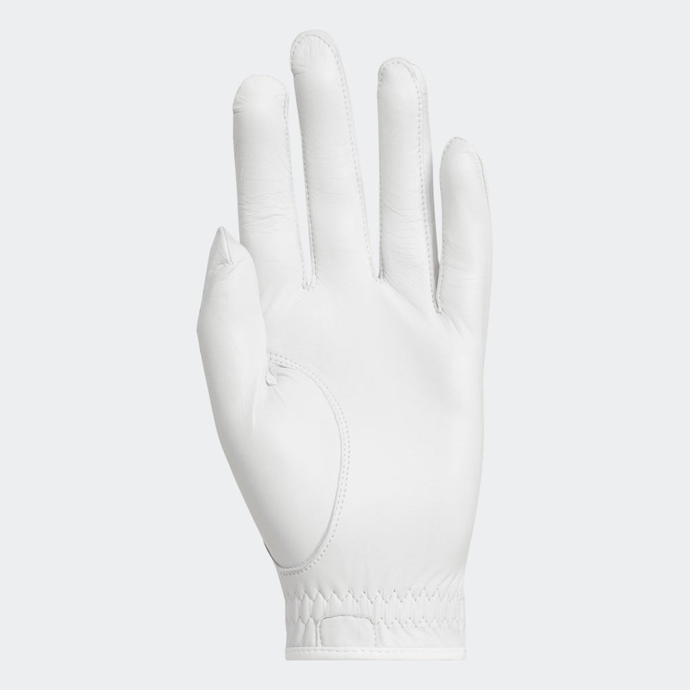 White golf glove with adidas logo and text on palm.