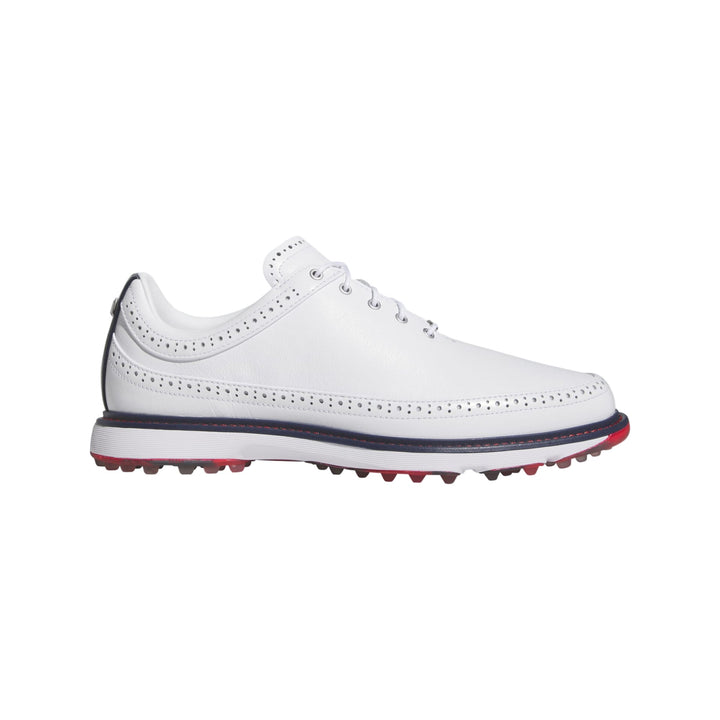 White leather golf shoe with perforated toe cap and red outsole, inspired by footjoy design.