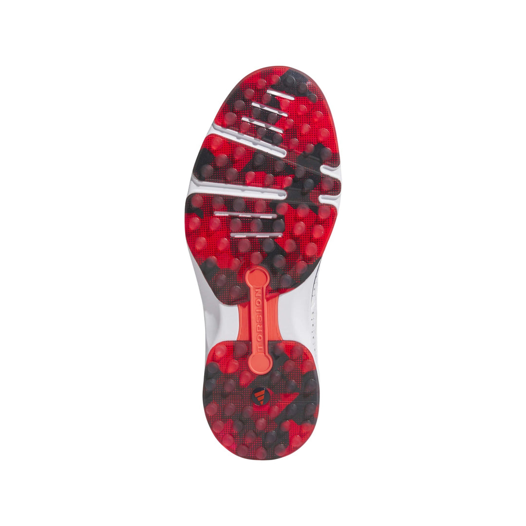 Red and black speckled golf shoe with translucent rubber sole