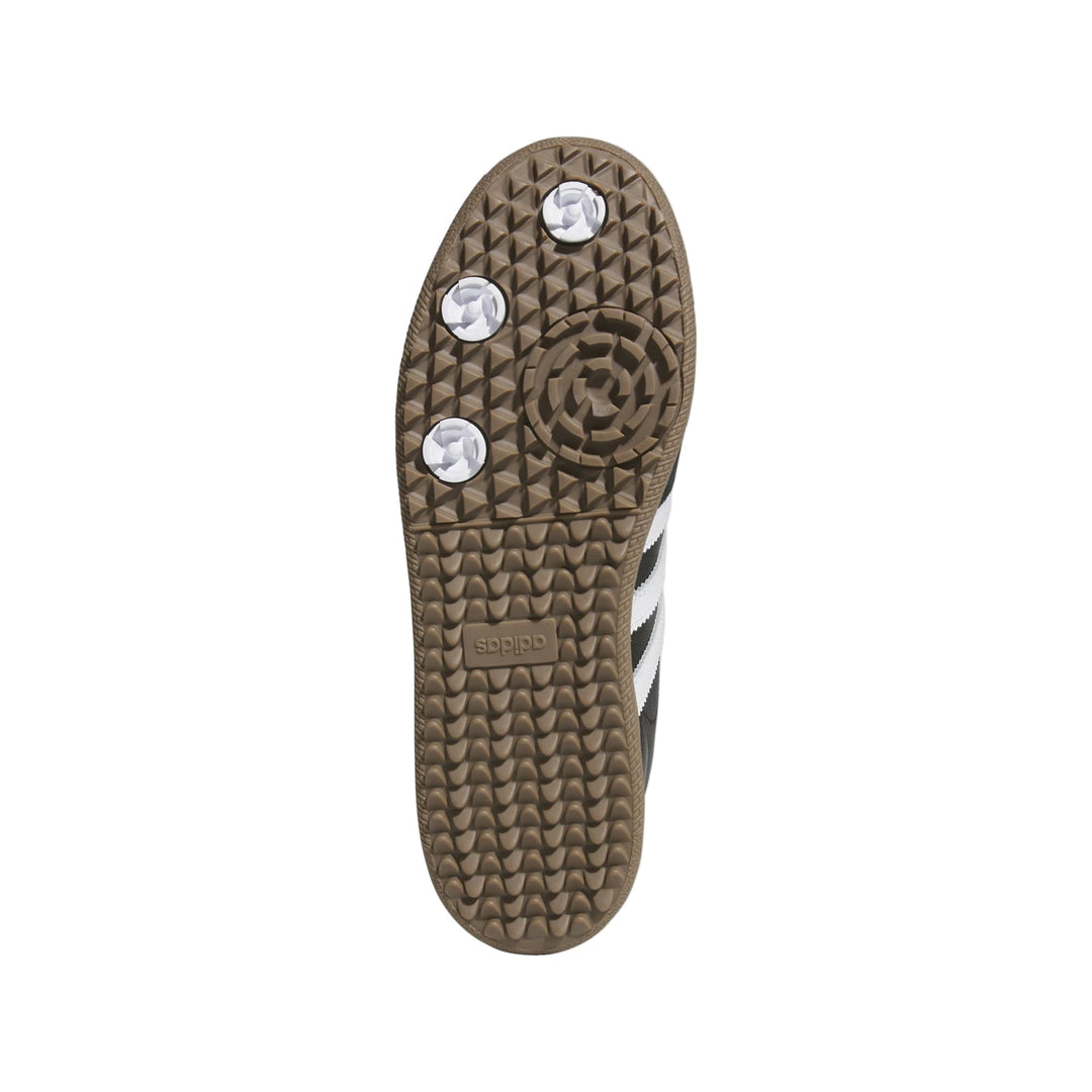 Olive green adidas slide sandal with white stripes and silver studs.