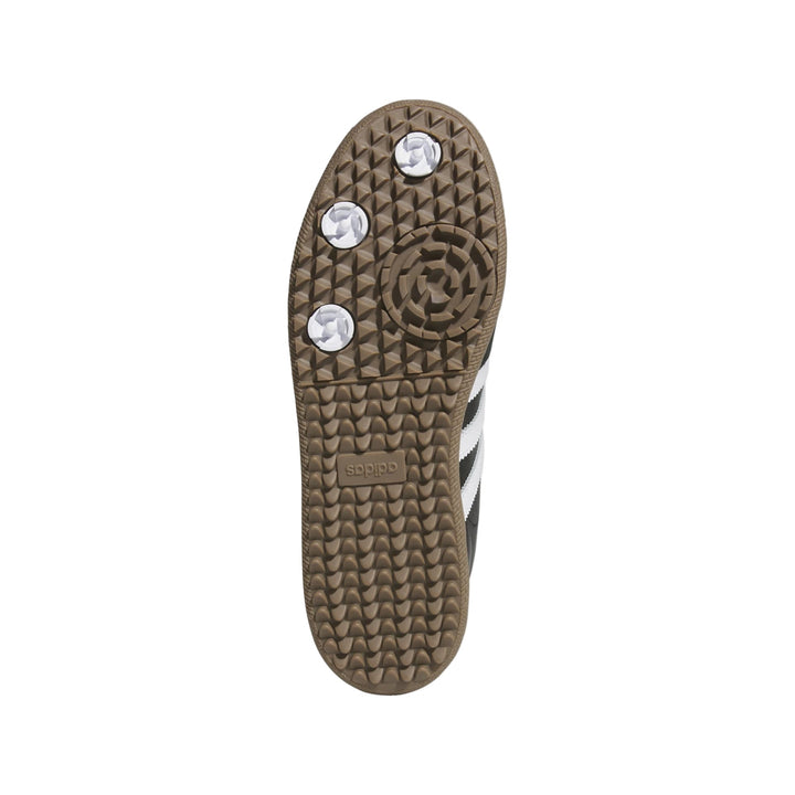 Olive green adidas slide sandal with white stripes and silver studs.