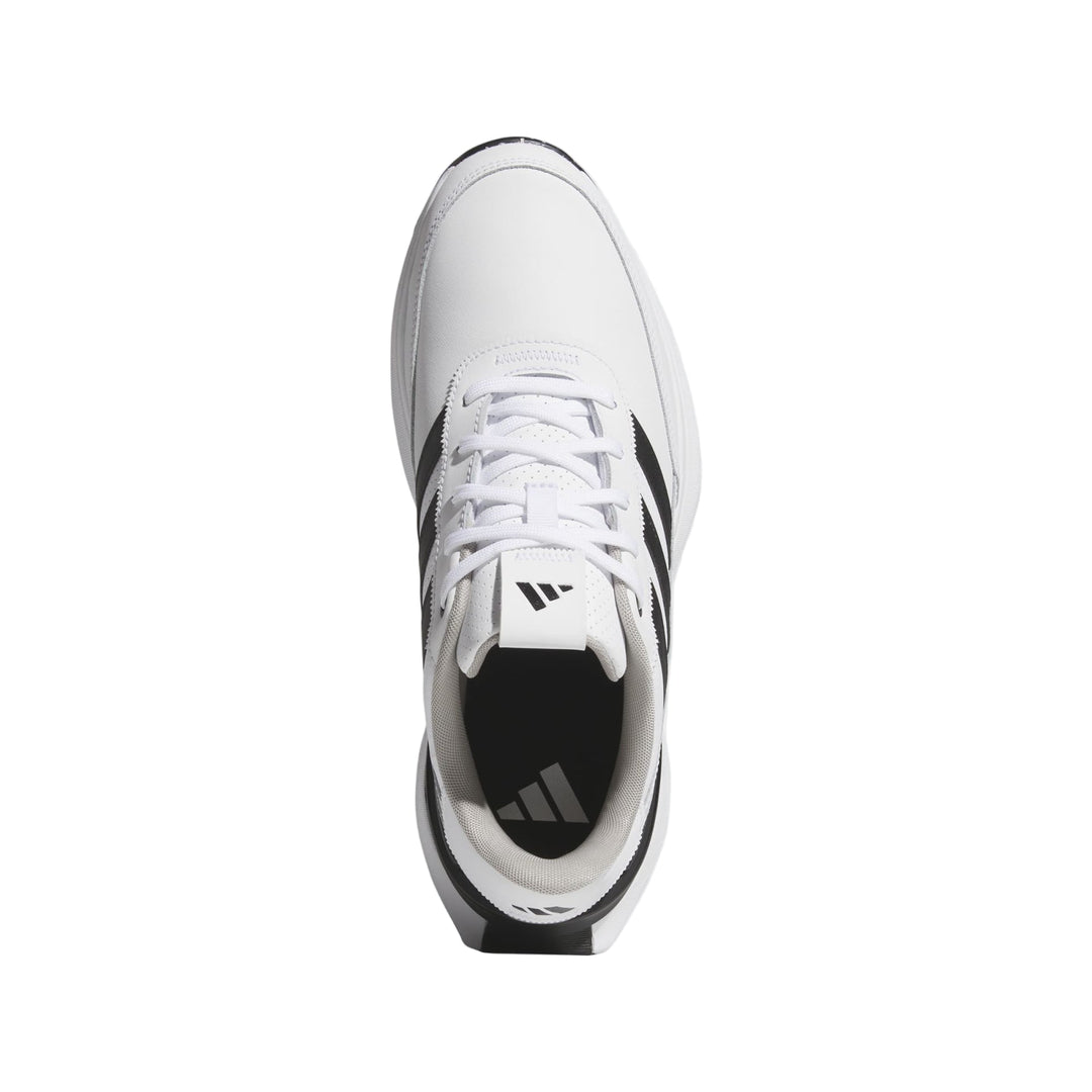 White and black adidas sneaker with three stripes on the side.