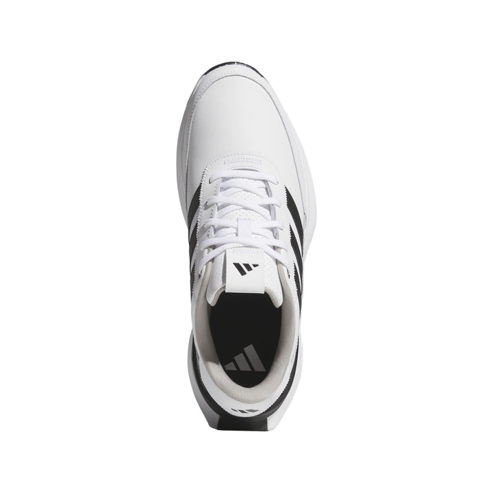 White and black adidas sneaker with three stripes on the side.