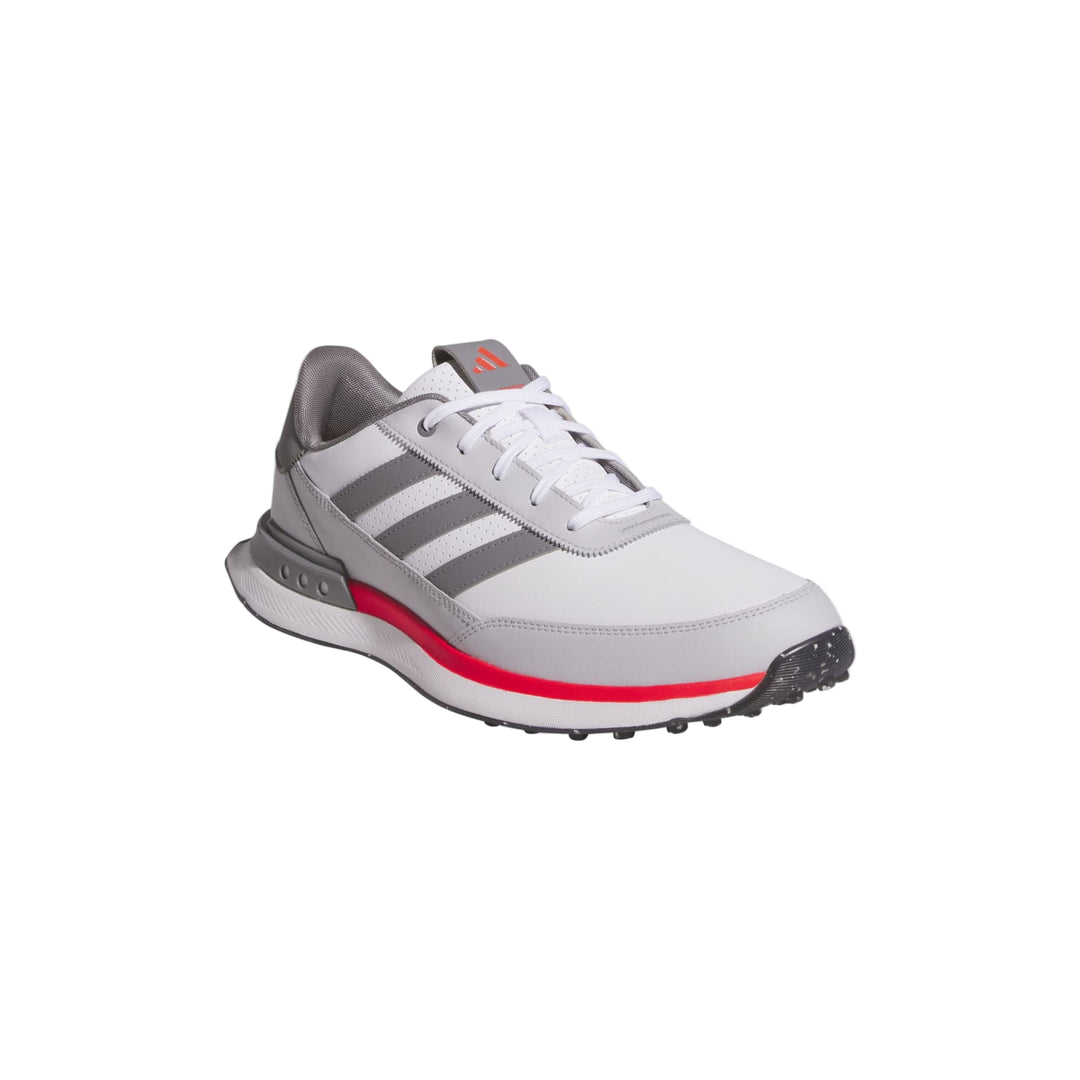 Adidas golf shoe with white, grey and red accents.