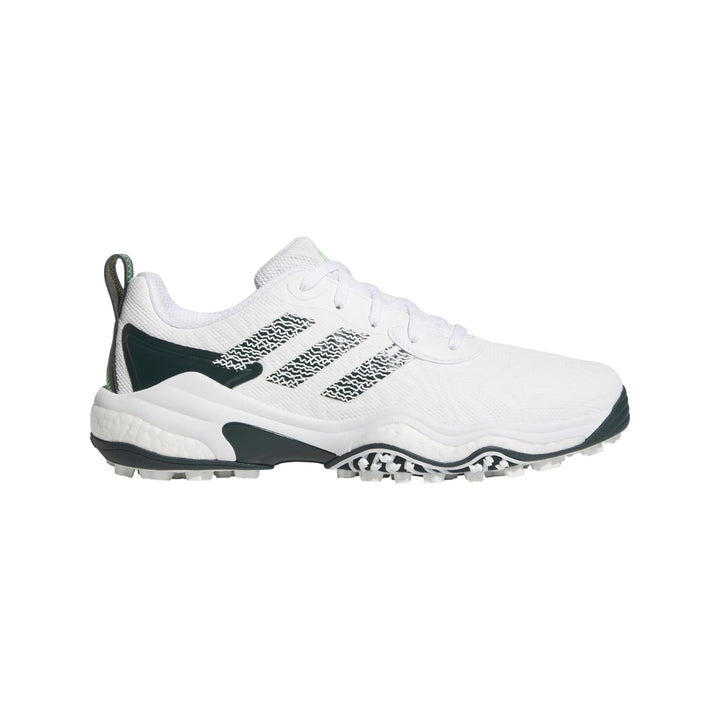 White and black adidas golf shoe with textured pattern on side.
