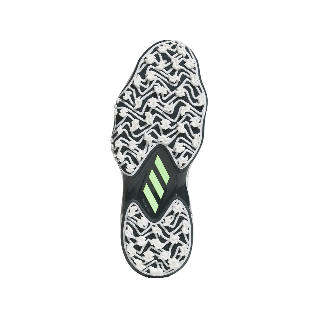 Adidas soccer cleat with black and white textured sole, green accents.