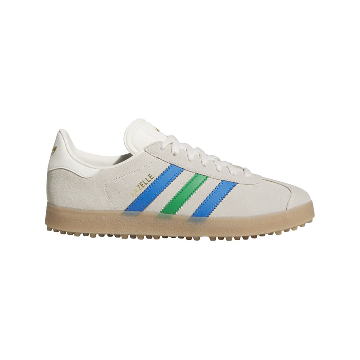 White leather sneaker with blue and green stripes, adidas samoa model.