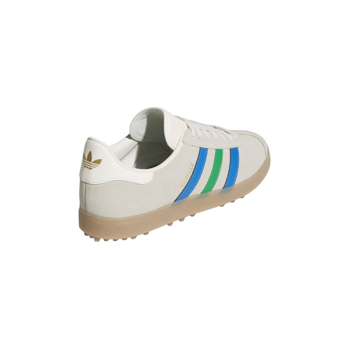 White adidas sneaker with blue and green stripes, rubber sole.