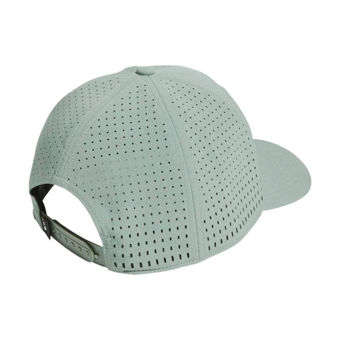 Mint green perforated baseball cap with adjustable strap and logo on the back.