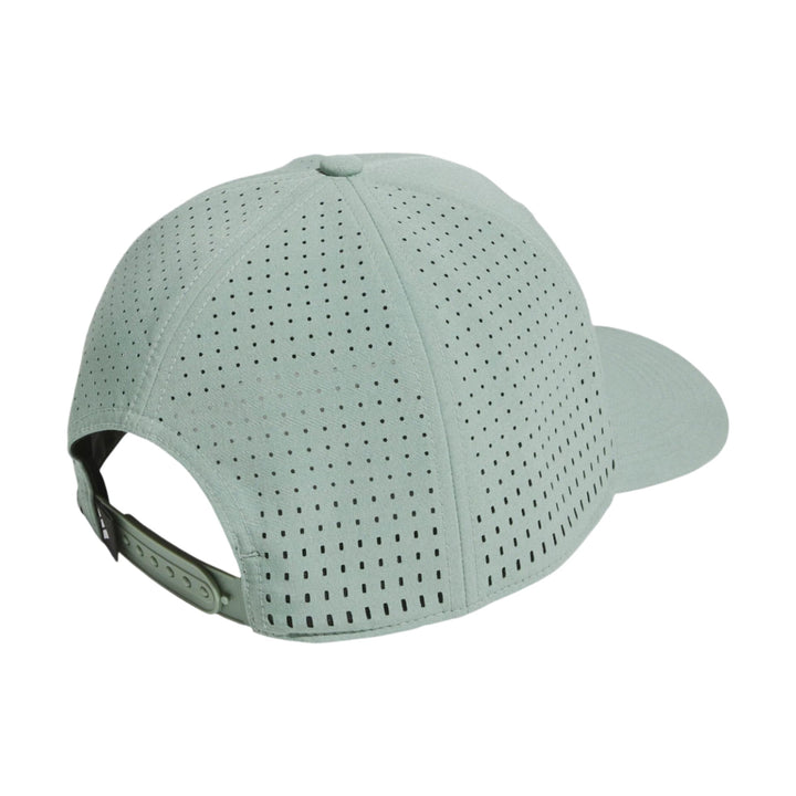 Mint green perforated baseball cap with adjustable strap and logo on the back.