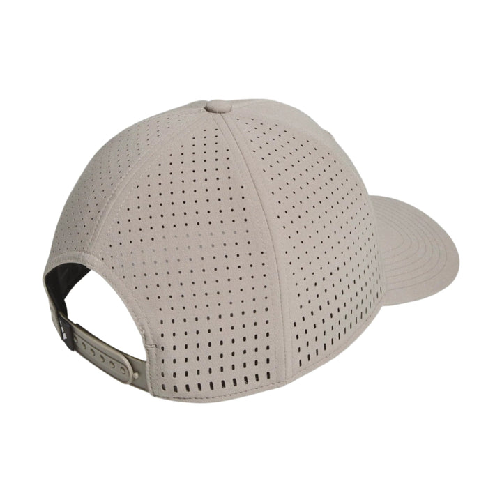 Beige perforated baseball cap with adjustable strap and buckle.