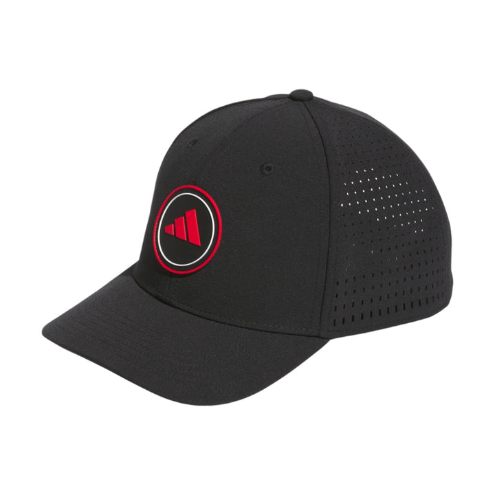 Black perforated adidas cap with red logo and trim.