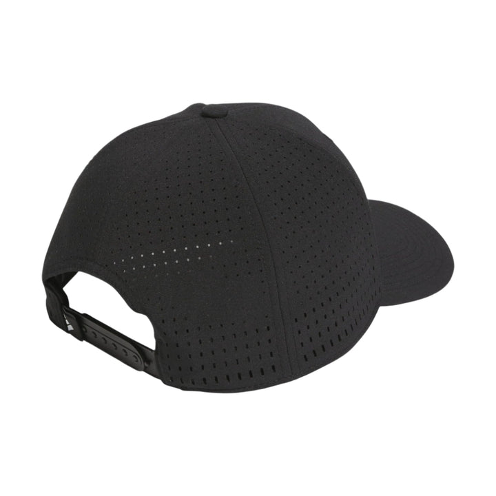 Black perforated baseball cap with adjustable strap and logo on the back.