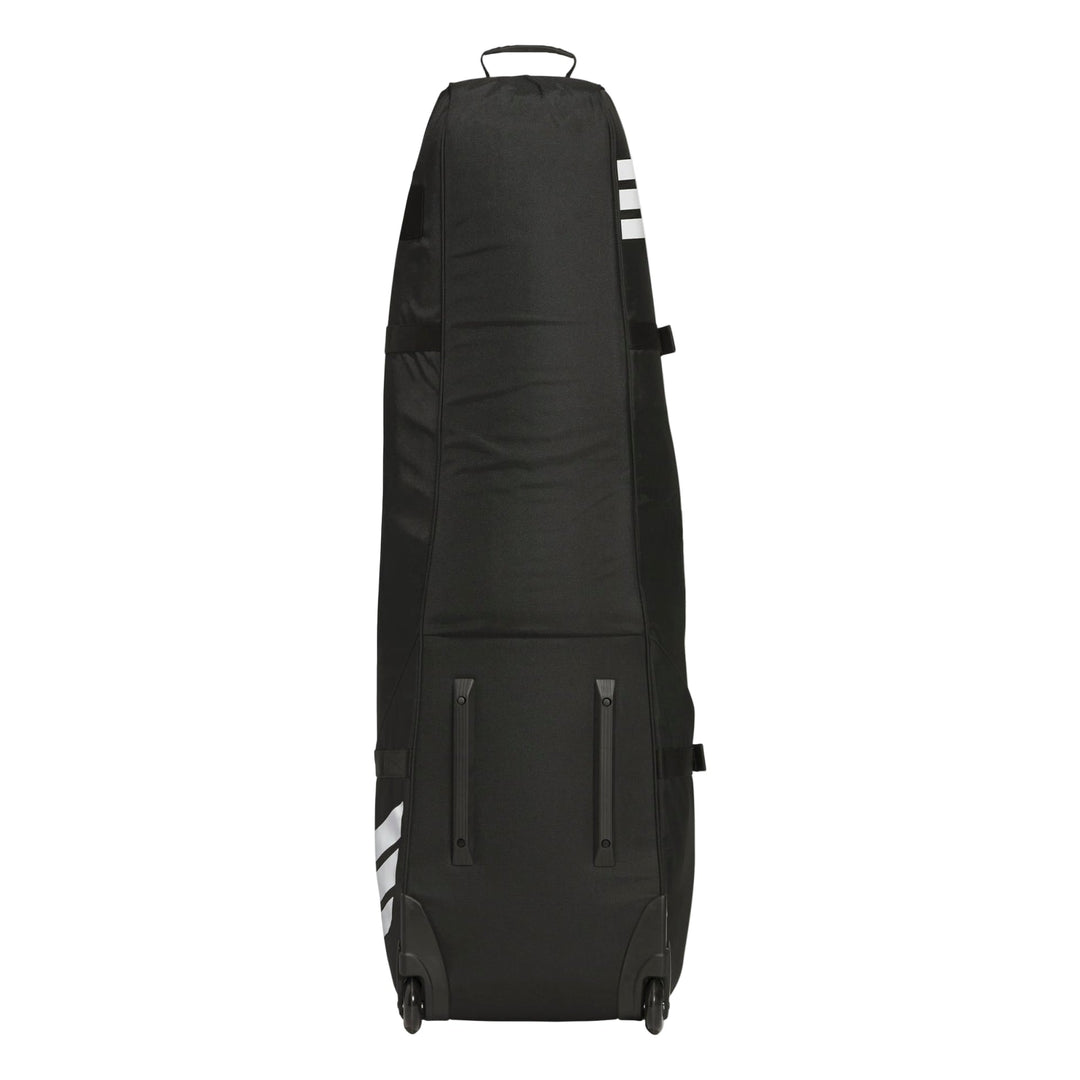 Black adidas rolling travel bag with white stripes and handle.