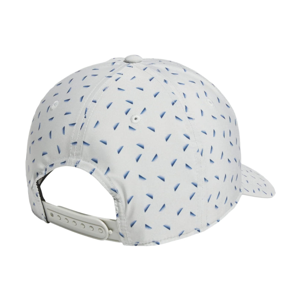 White baseball cap with blue speckles and adjustable strap.