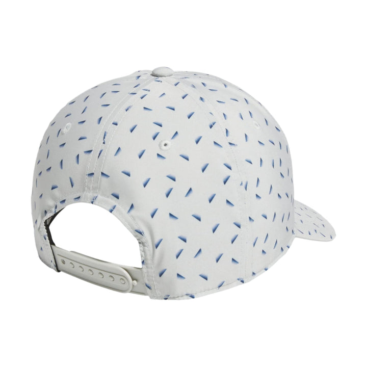 White baseball cap with blue speckles and adjustable strap.