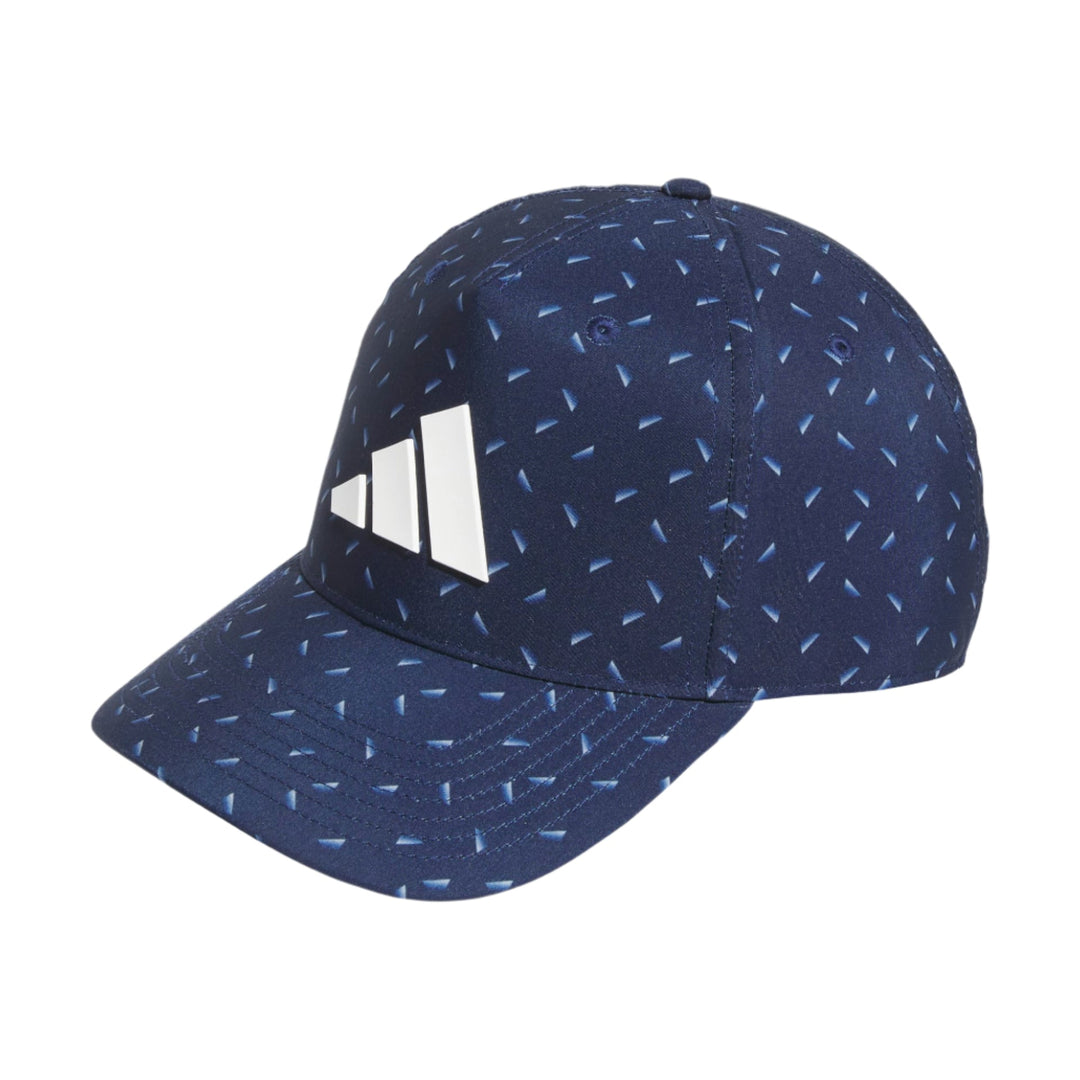 Navy blue adidas baseball cap with white logo and pattern.