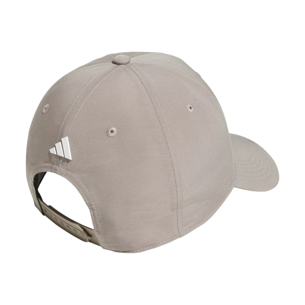 Adidas baseball cap in light gray with white stripes and adjustable strap.
