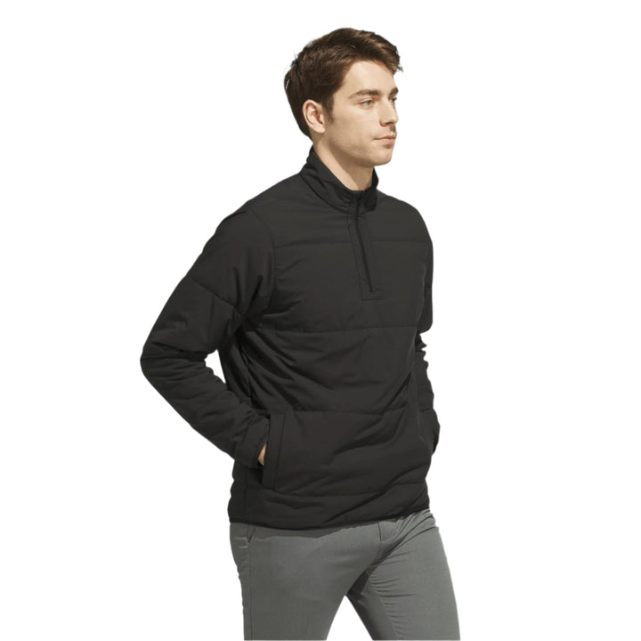 Black zip-up sweatshirt with ribbed cuffs and waistband, made of fleece material.