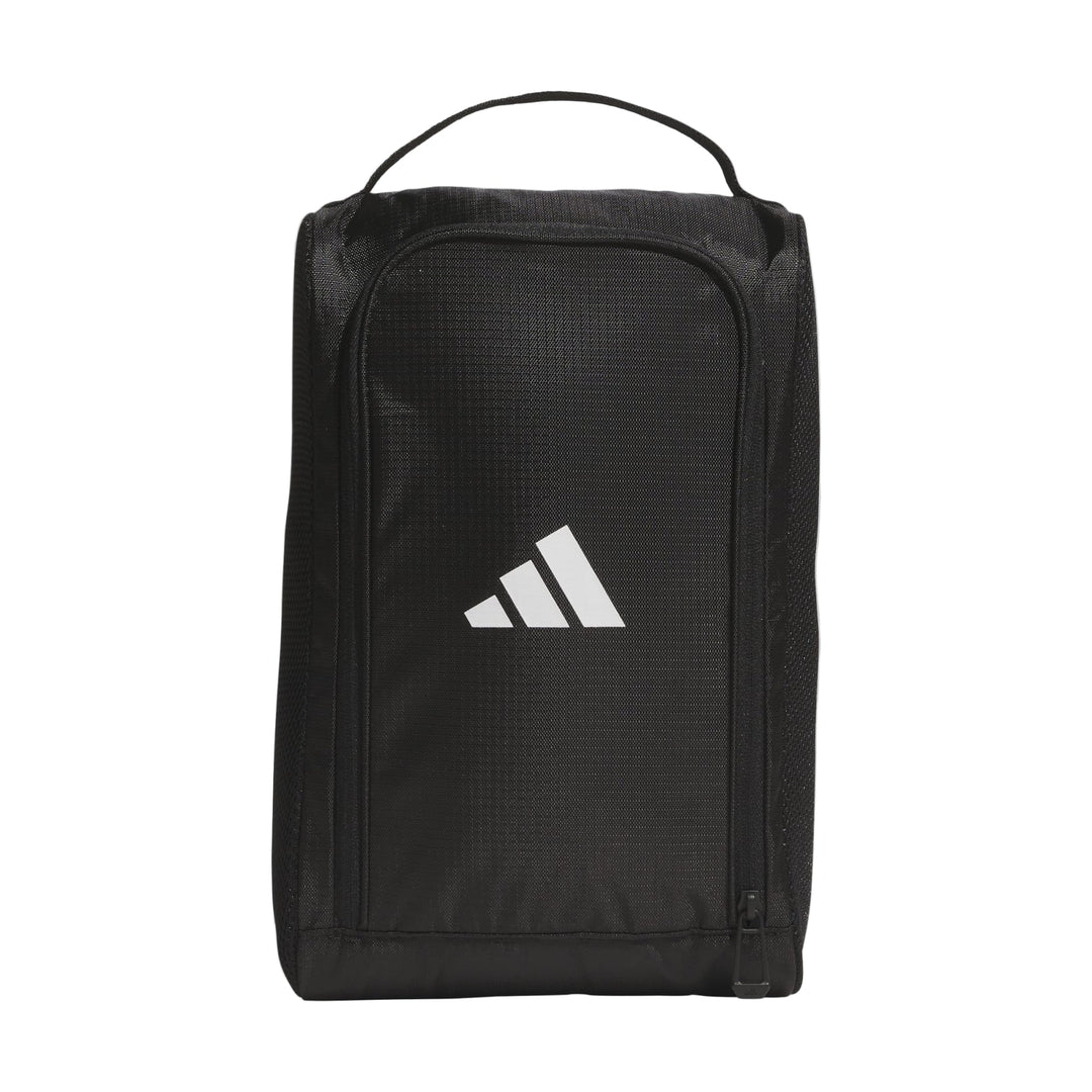 Black adidas shoe bag with white stripes and logo, textured fabric material.