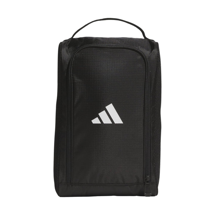 Black adidas shoe bag with white stripes and logo, textured fabric material.