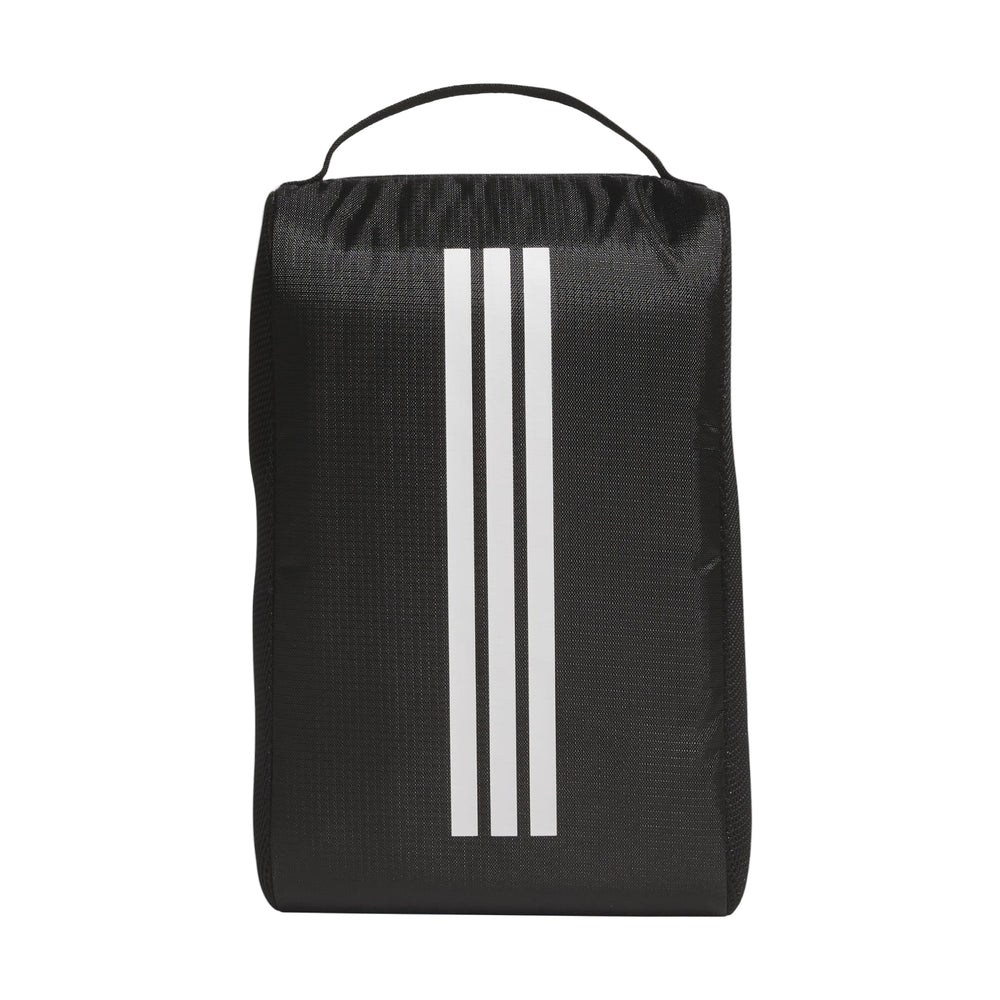 Black adidas shoe bag with white stripes and drawstring closure.