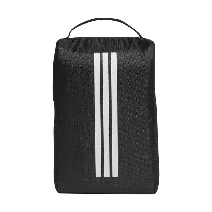 Black adidas shoe bag with white stripes and drawstring closure.