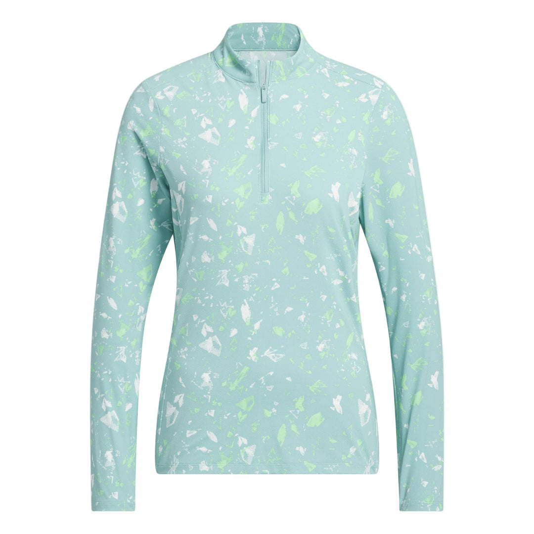 Mint green and white abstract print zip-up long-sleeve shirt with a high collar.