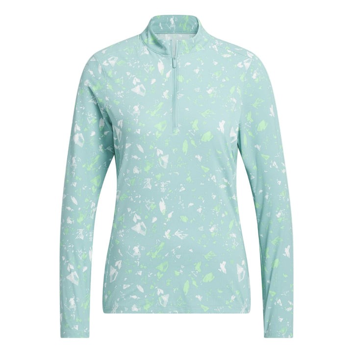 Mint green and white abstract print zip-up long-sleeve shirt with a high collar.