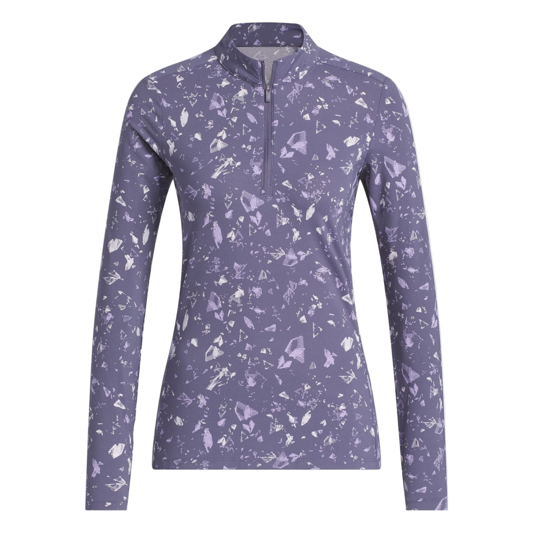 Lavender and white speckled long-sleeved shirt with zipper collar, likely made of polyester or cotton blend.