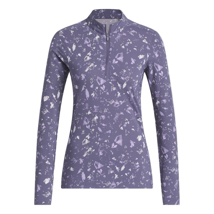 Lavender and white speckled long-sleeved shirt with zipper collar, likely made of polyester or cotton blend.