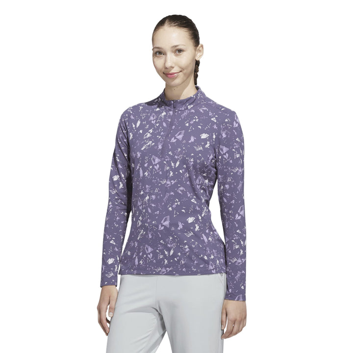 Lavender marble print long-sleeve top with high collar and athletic fit.
