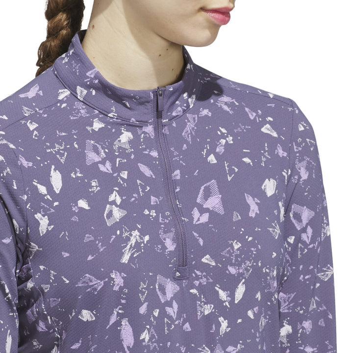 Lavender and white geometric print zip-up top with black trim, adidas model.