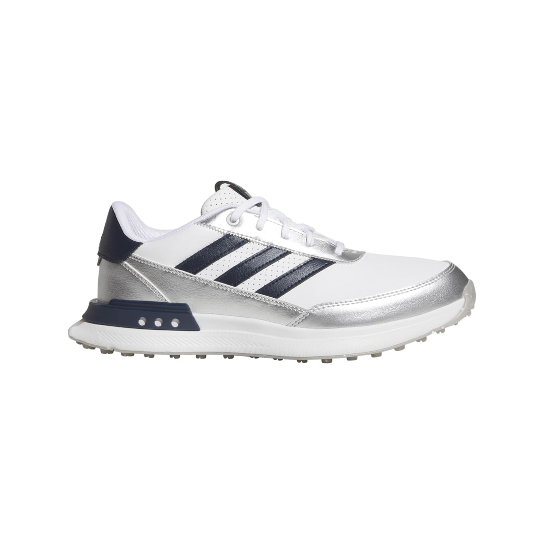 White and silver adidas golf shoe with black stripes.