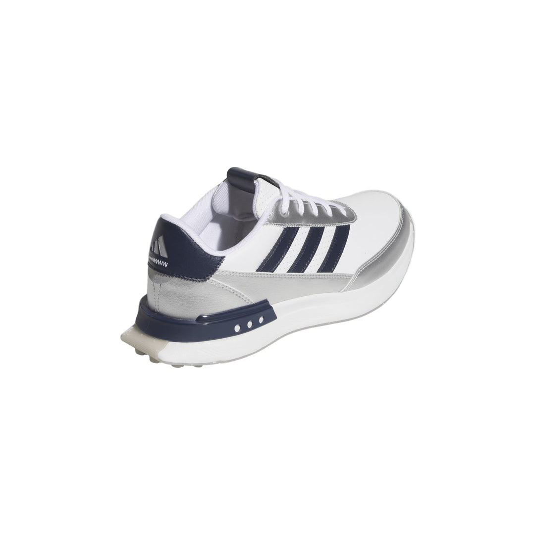 White and navy blue adidas running shoe with three stripes on the side.