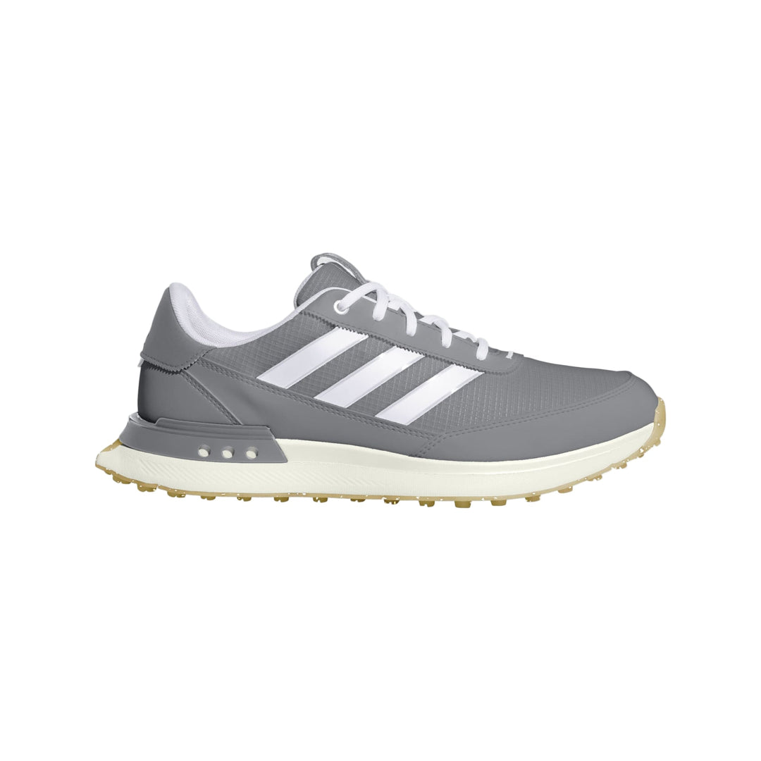 Adidas golf shoe with white stripes and grey base.