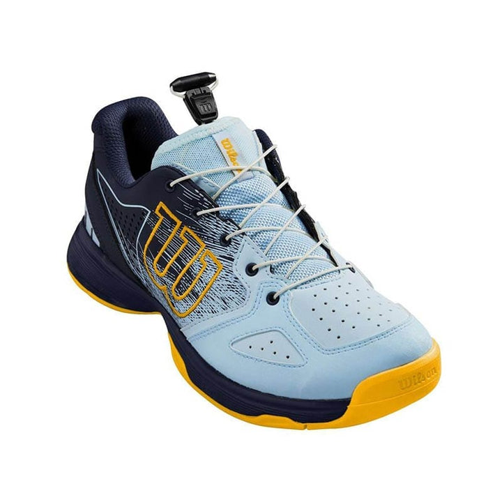 Blue and yellow Puma basketball shoe with mesh upper and rubber sole