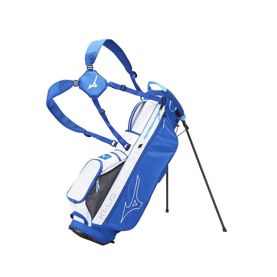 Blue and white golf bag with strap, stand legs, mizuno logo.