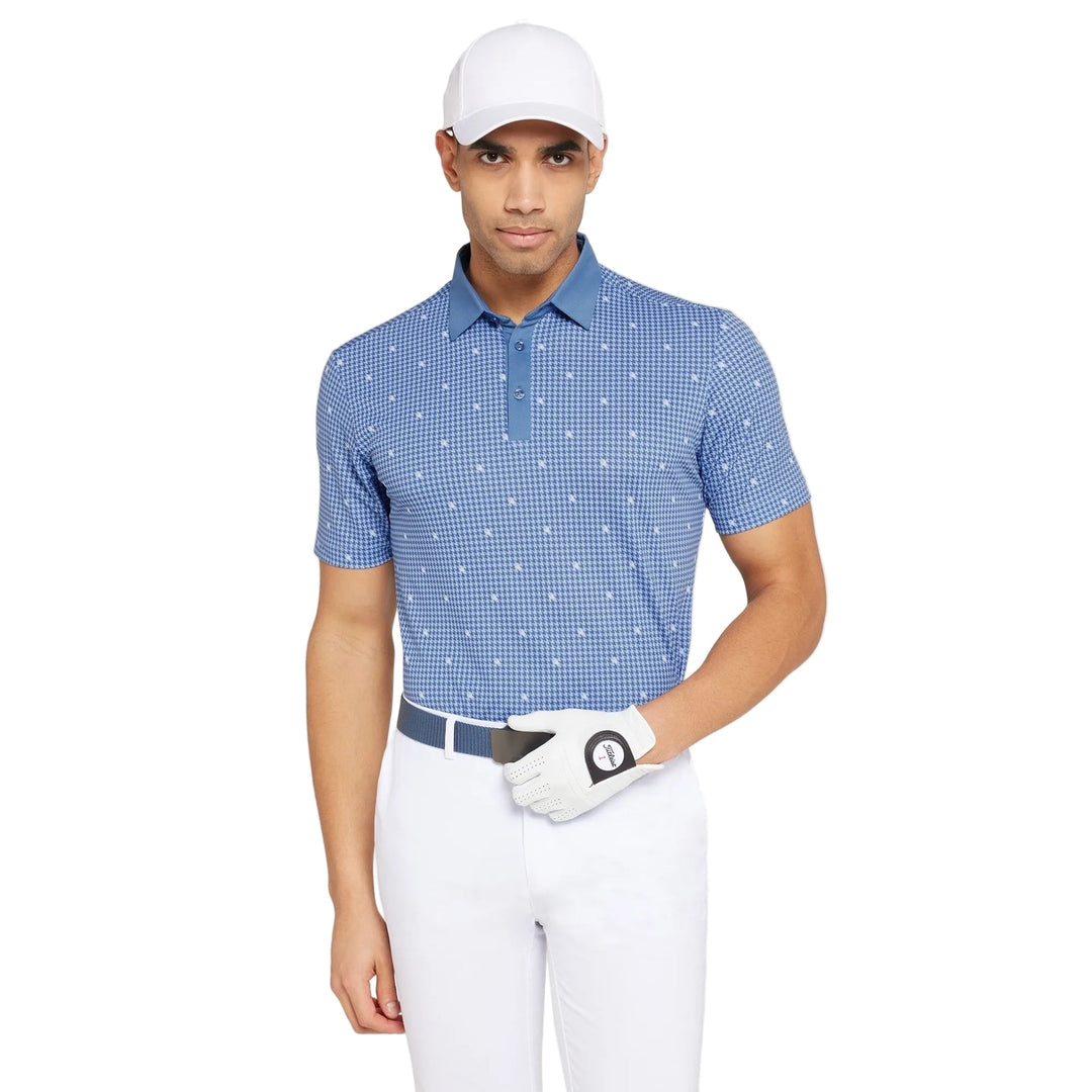 Galvin Green Marley mens golf polo in moonlight blue and white checkered pattern with glove detail
