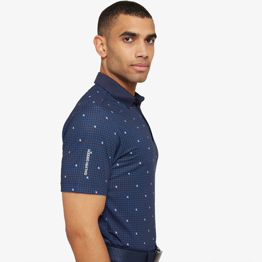 Galvin Green Marley navy blue mens golf polo with white geometric pattern