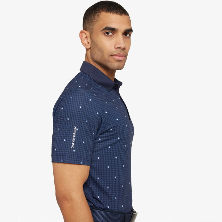 Galvin Green Marley navy blue mens golf polo with white geometric pattern