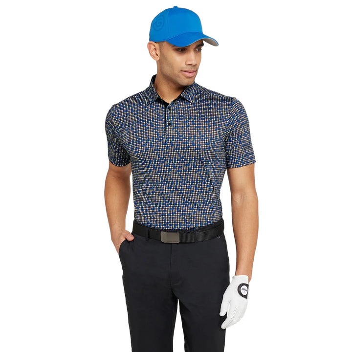 Galvin Green Marlo black golf polo shirt, blue white pattern, polyester