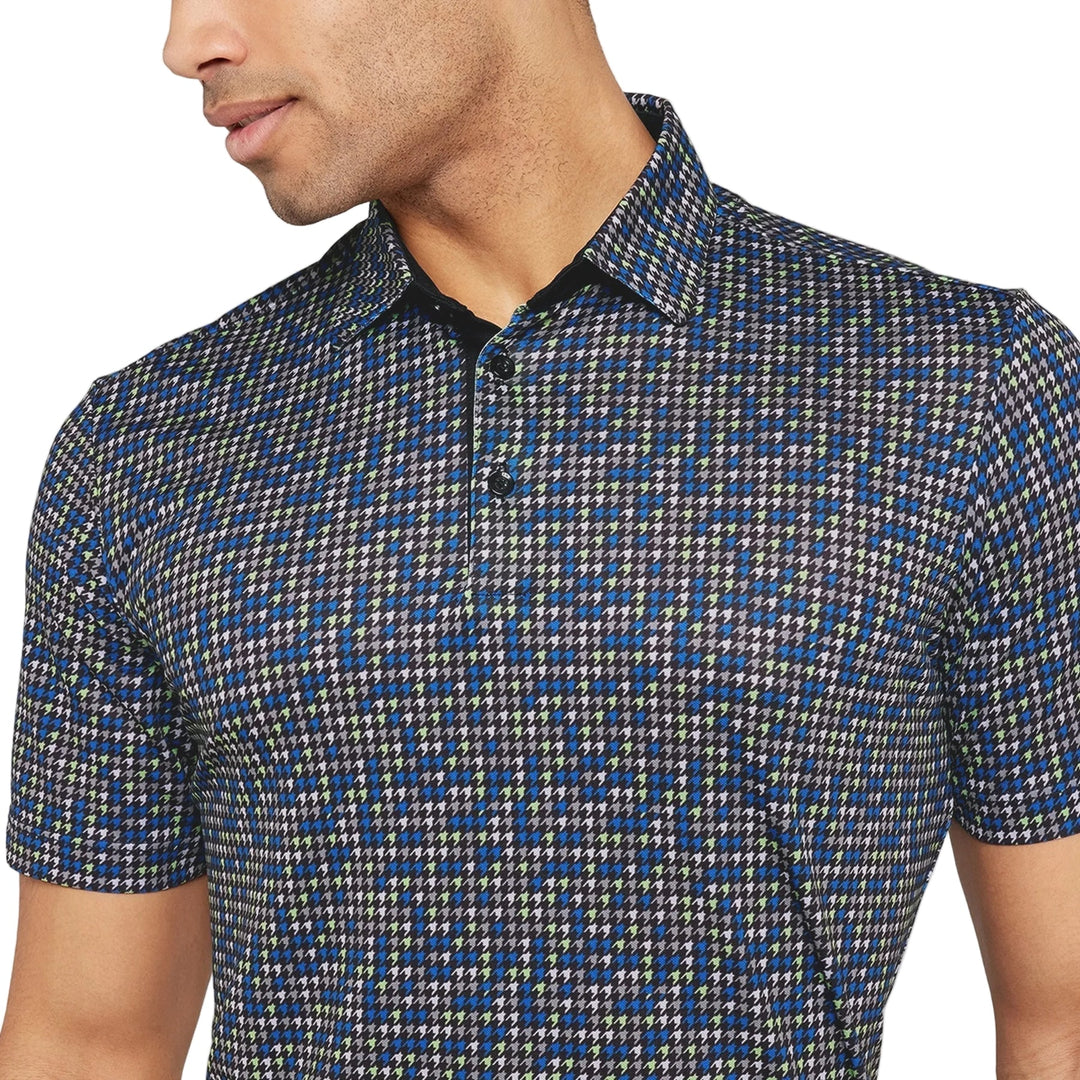 Galvin Green Marlo black mens polo shirt with navy gray houndstooth pattern