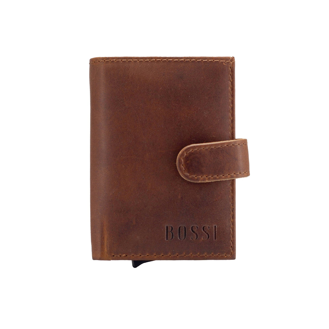 Brown leather wallet with snap closure and embossed logo.