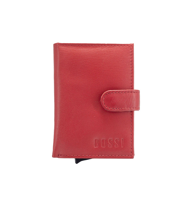 Red leather wallet with snap closure and brand name ’cossi’ on the front.