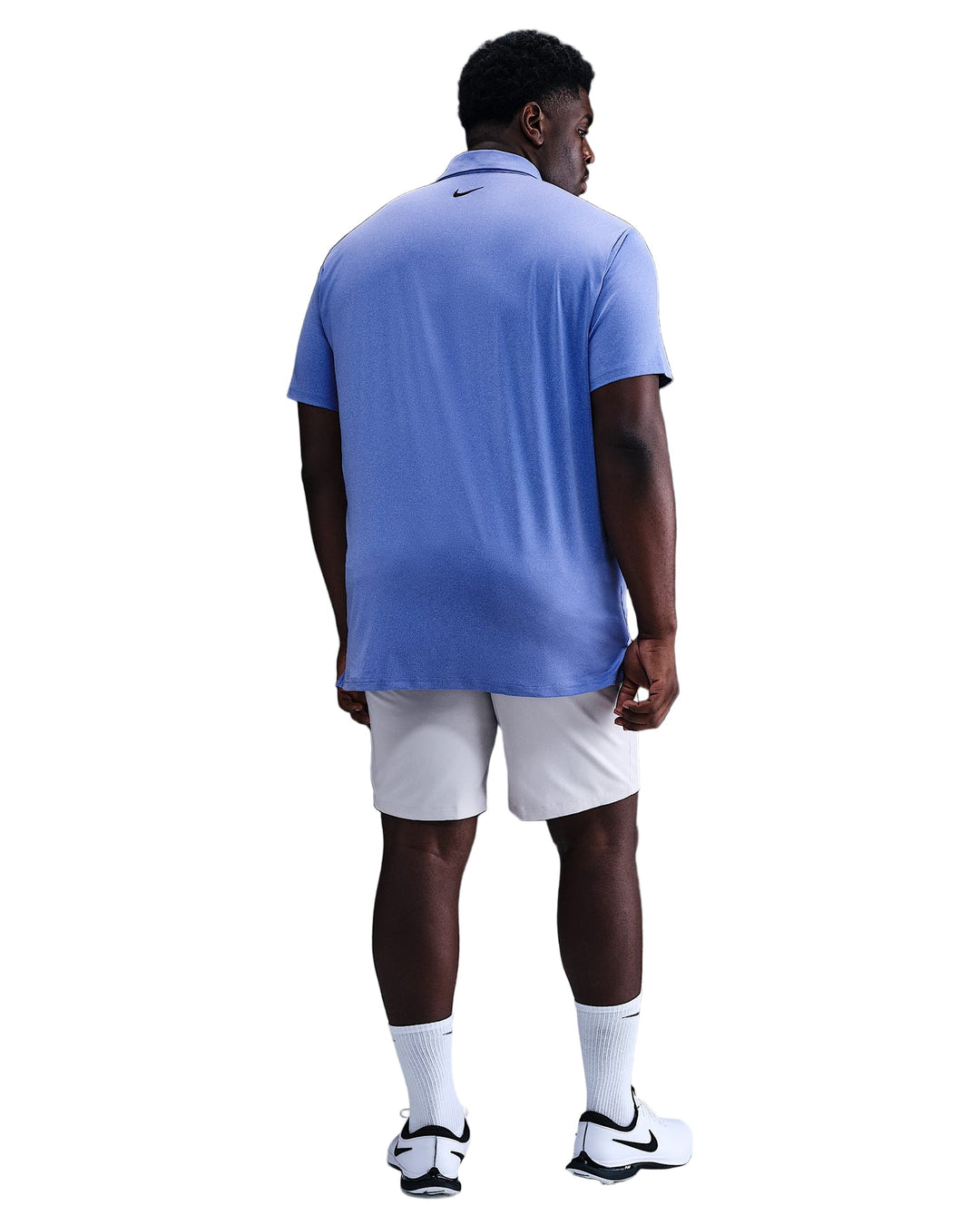 Nike Mens Comet Blue Dri-Fit Golf Polo with White Shorts and Black Cleats